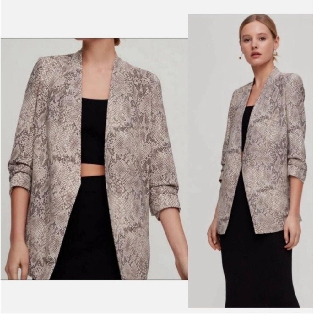 Babaton Macauley Blazer Snakeskin Print Neutral 00 Ruched Sleeve Animal Print